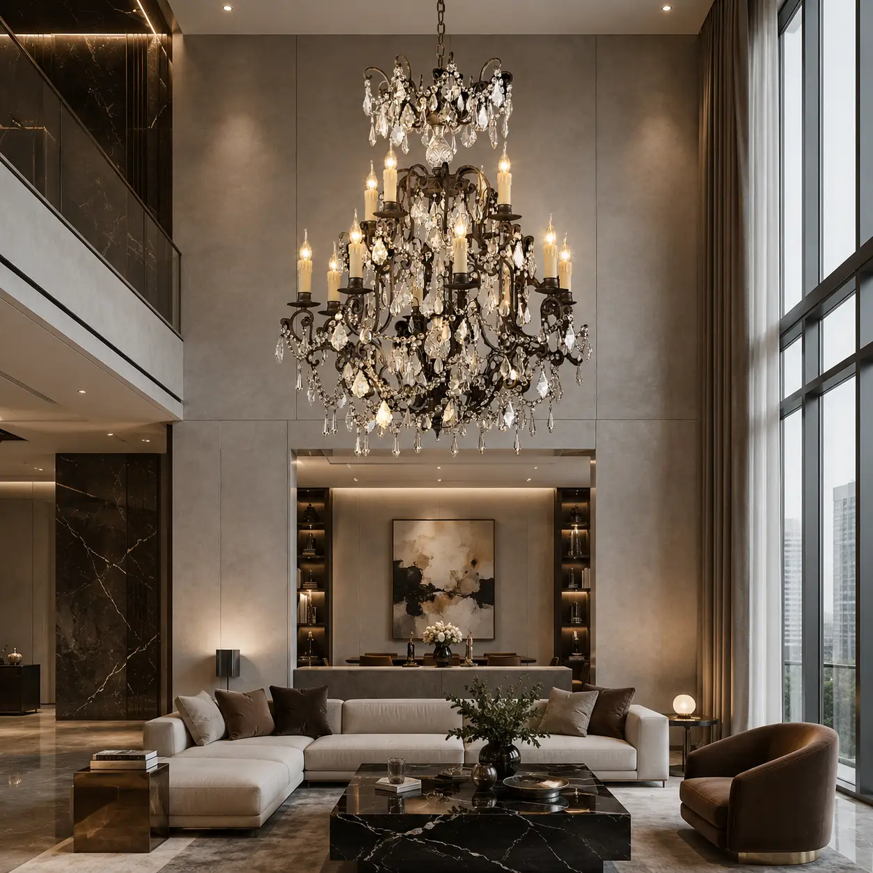 3D Render Suggestion: A sleek, high-ceiling transitional loft with micro-cement floors, matte charcoal grey cabinetry, and minimal modern furniture. Over the main dining layout, the 2-tier antiqued bronze chandelier is hung, demonstrating its eclectic charm and showing designers how the clear acrylic center pillar modernizes the traditional bronze framework.