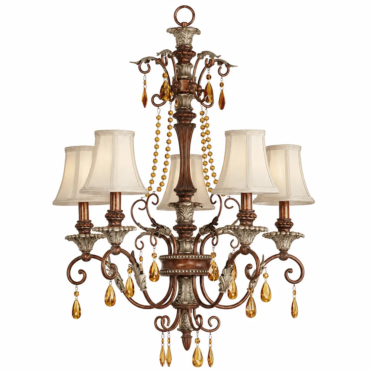 Vintage-5-Light-Chandelier-with-Amber-Crystal-Accents-and-Fabric-Shades-1 Vintage-5-Light-Chandelier-with-Amber-Crystal-Accents-and-Fabric-Shades-1