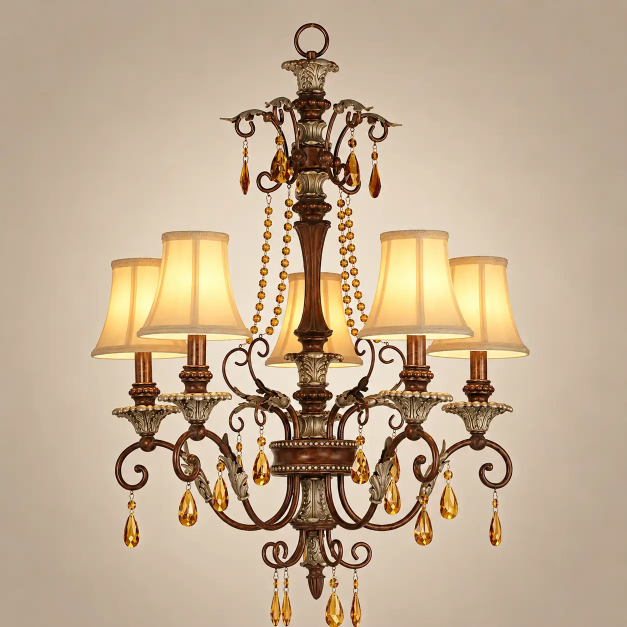 Vintage-5-Light-Chandelier-with-Amber-Crystal-Accents-and-Fabric-Shades-3