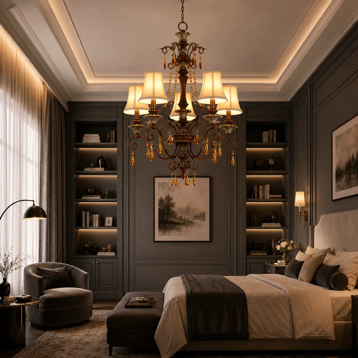 Vintage-5-Light-Chandelier-with-Amber-Crystal-Accents-and-Fabric-Shades-modern-transitional-bedroom Vintage-5-Light-Chandelier-with-Amber-Crystal-Accents-and-Fabric-Shades-modern-transitional-bedroom