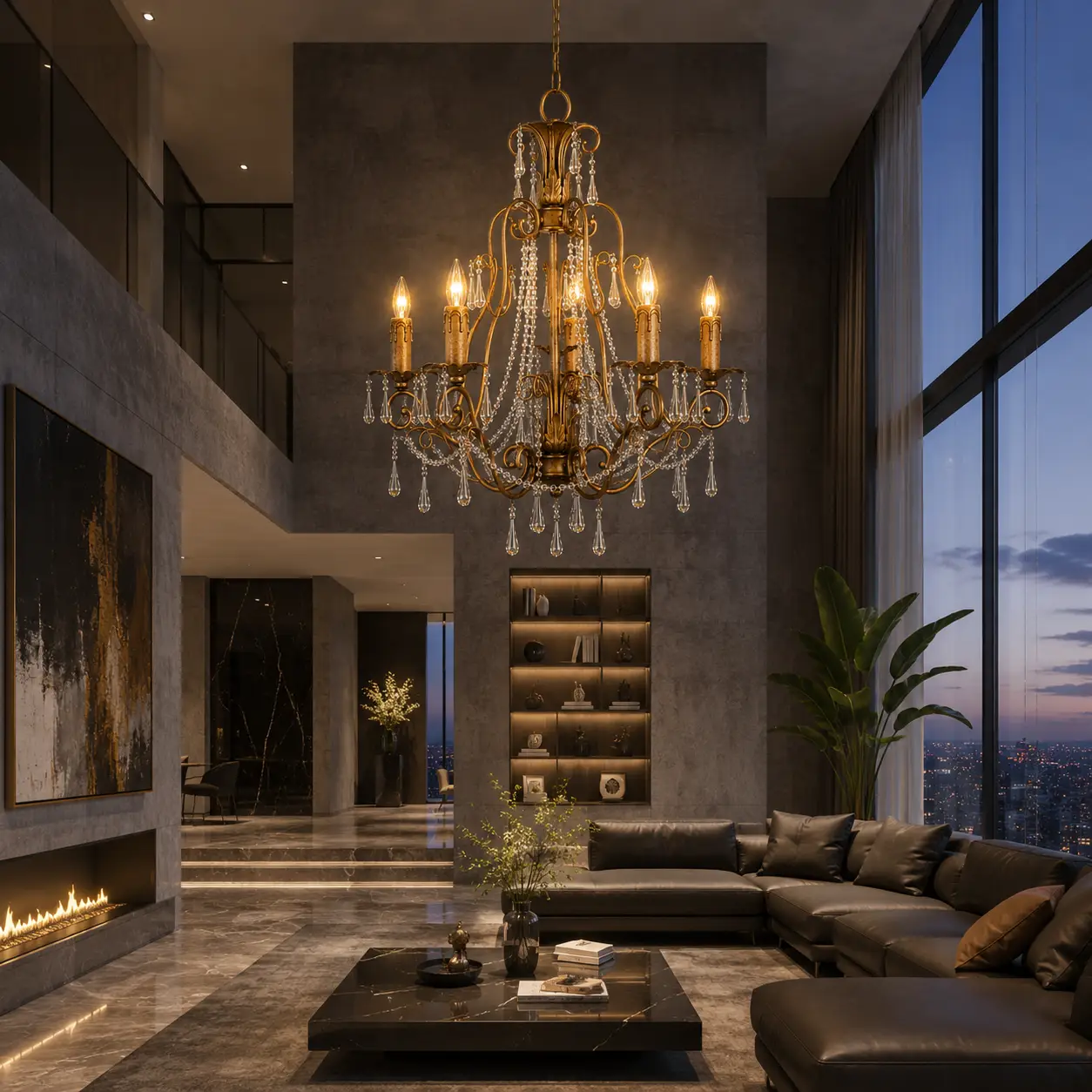 3D Render Suggestion: A sleek, modern penthouse living room with textured charcoal grey concrete walls, minimalist Italian leather furniture, and polished marble floors. Hanging overhead is the Vintage Gold Chandelier. The 3D render illustrates how the botanical scrollwork, dripping wax candle sleeves, and faceted K9 crystals break the room's rigid contemporary lines, casting a cozy and elegant light that turns a vast open space into an intimate sanctuary.