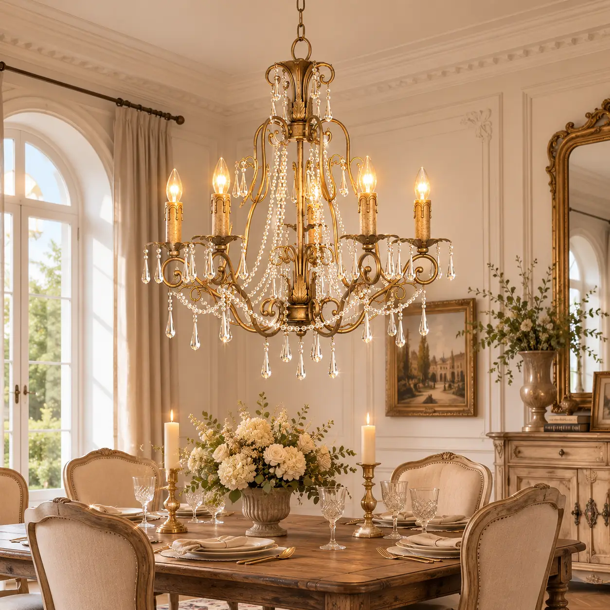 3D Render Suggestion: An elegant French provincial dining room featuring cream boiserie wall paneling, distressed oak flooring, and a rustic walnut dining table. Hanging centrally is the 5-Light Vintage Gold Chandelier. The 3D render captures how the gold scrollwork and dripping wax resin candle sleeves coordinate with the room's traditional architecture, while the sparkling K9 crystals pick up the natural light from arched windows, creating a soft and welcoming glow.