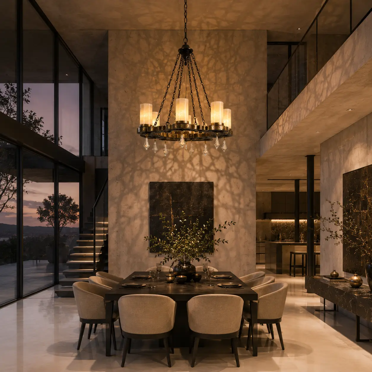 3D Render Suggestion: A ultra-modern luxury dining zone with seamless concrete walls, polished white resin flooring, structural black iron glass window profiles, and minimalist low-slung custom dining furniture. Suspended as a bold, eclectic focal crowning piece above the dining area is the Alhambra Citadel Chandelier. The 3D render illustrates how the complex exotic filigree geometry breaks up the sterile, flat minimalist planes, casting artistic graphic light patterns across the modern space.