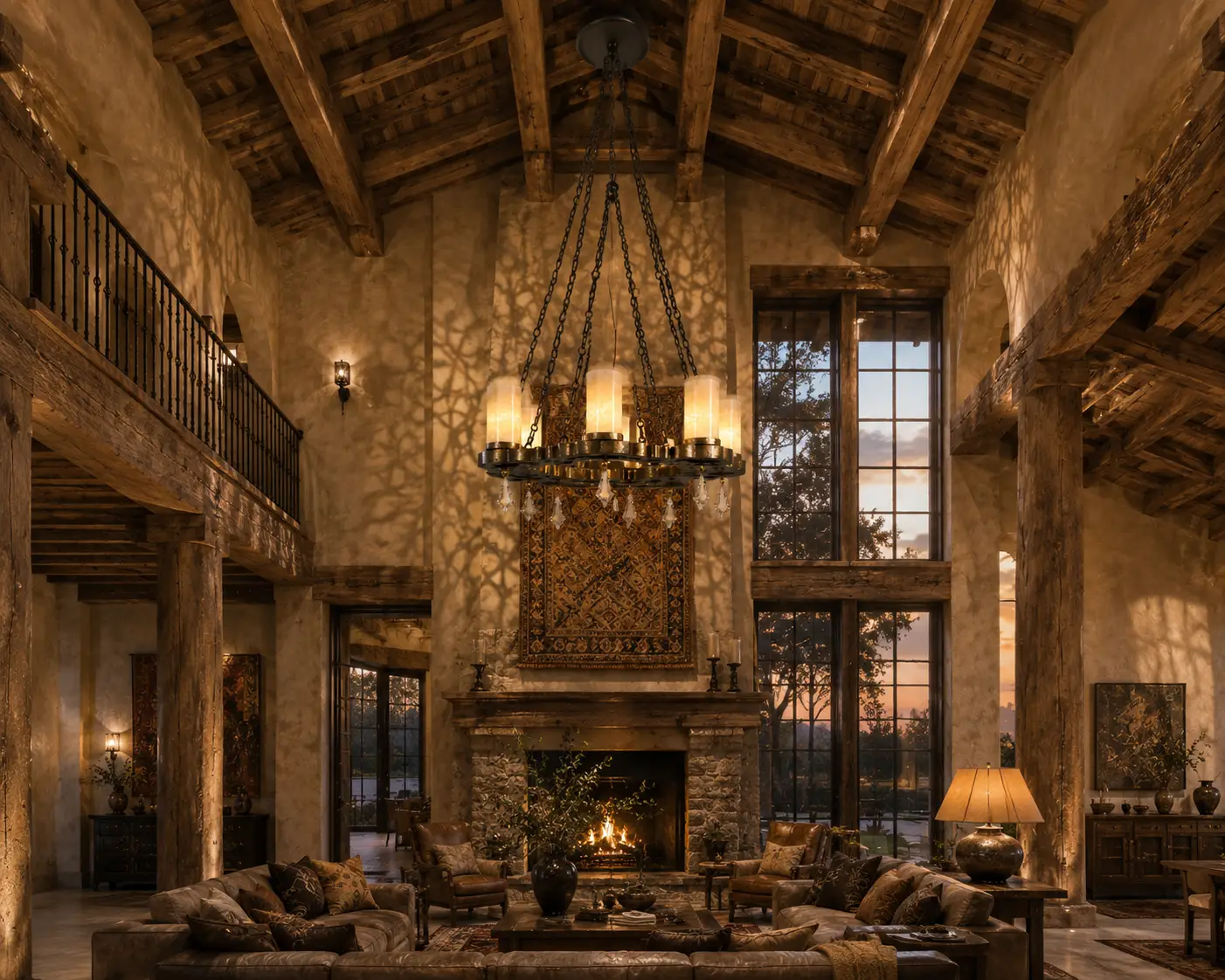 3D Render Suggestion: An expansive double-height rustic estate salon with exposed rough-sawn cedar timber ceiling beams, heavy adobe structural columns, and a large stone fireplace. Hanging from an integrated heavy metal multi-pendant canopy is the Alhambra Citadel 6-Light Chandelier. The 3D render focuses on the stunning contrast between the delicate, intricate lattice light shadows and the massive, raw organic textures of the wood and stone walls.