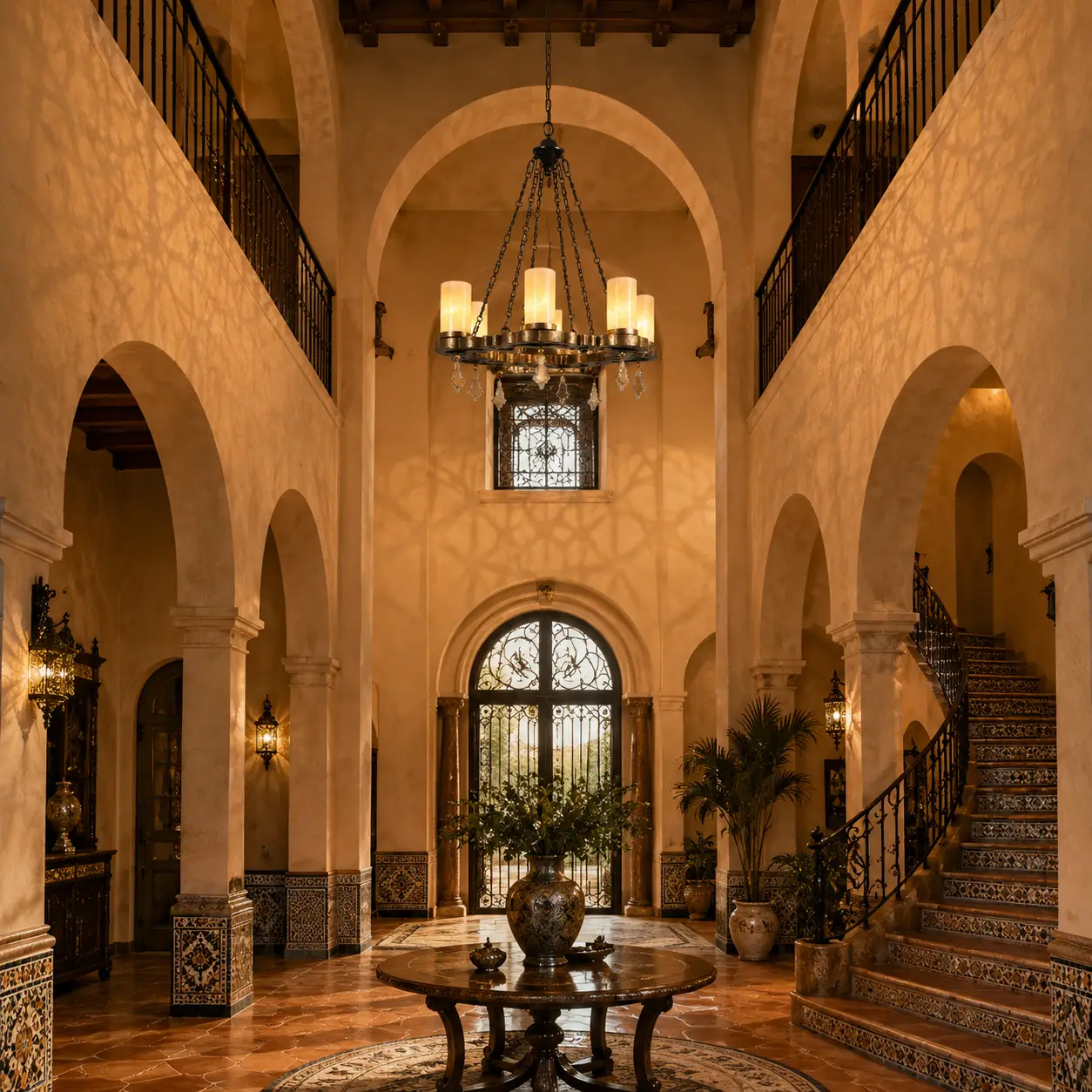 3D Render Suggestion: A double-height Mediterranean Revival villa foyer featuring grand symmetrical archways, smooth terracotta-tinted plaster walls, intricate mosaic tile baseboards, and a sweeping wrought iron staircase. Suspended perfectly in the central architectural void is the Alhambra Citadel Chandelier. The 3D render captures the warm ambient glow filtering through the 6 filigree lanterns, projecting geometric shadow webs across the arched surfaces to establish an atmosphere of historical European-Moorish heritage luxury.