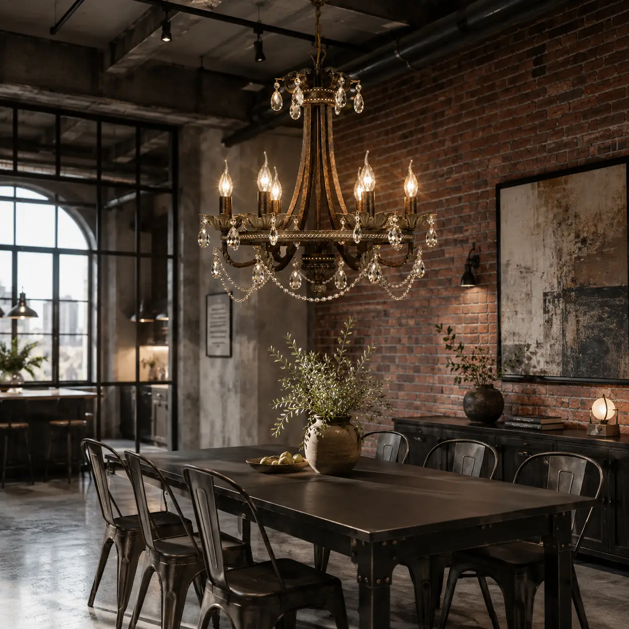 3D Render Suggestion: A spacious Industrial Loft dining area with a high ceiling, exposed red brick wall, raw concrete floors, and a minimal black iron dining table. Suspended overhead is the 6-Light Antique Iron Chandelier. The 3D render illustrates how the rugged iron chassis blends with the structural industrial elements, while the brilliant clear K9 crystals provide a dramatic, luxury-driven contrast that softens the space.