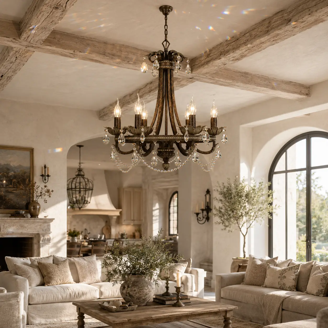 3D Render Suggestion: A refined French Country / Rustic Chic open-concept living room featuring exposed white-washed oak ceiling beams, textured plaster walls, and linen-upholstered sofas in soft oatmeal tones. Hanging from the center is the 6-Light Antique Iron Chandelier. The 3D render captures how the dual-tone hand-brushed silver accents catch the soft, natural morning light pouring through large arched windows, while the clear K9 crystals throw elegant prismatic sparkles against the rough plaster ceiling.