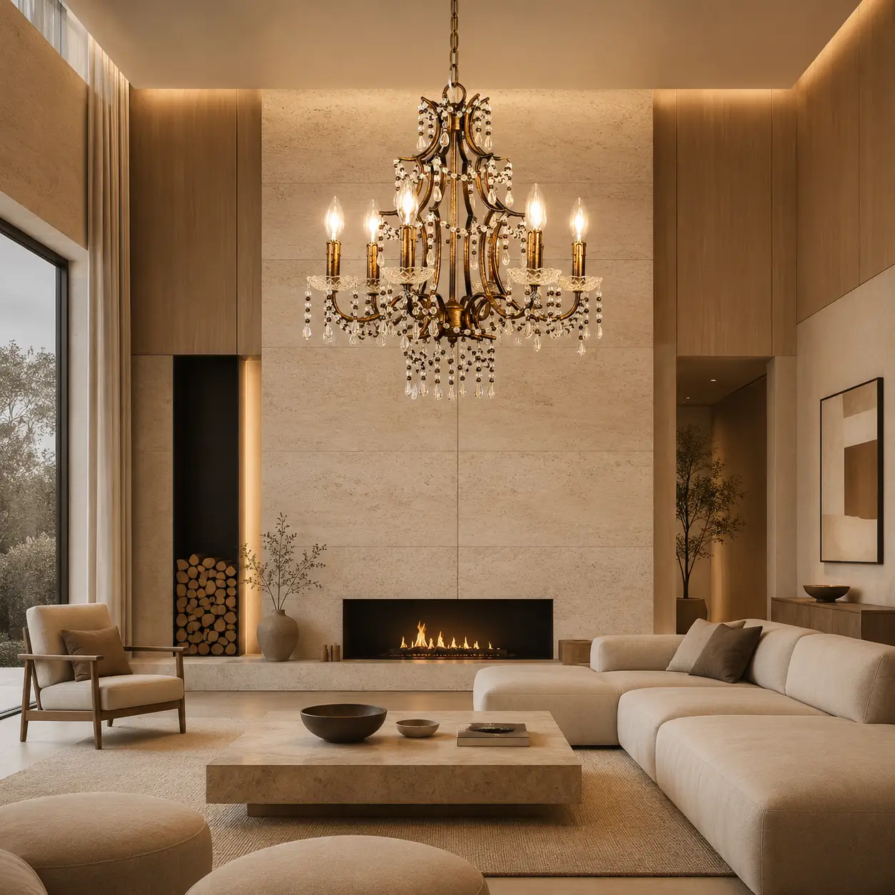 3D Render Suggestion: A sophisticated warm minimalist living room featuring soaring ceilings, smooth travertine limestone accent walls, pale oak wood paneling, and clean-lined modern furniture. Suspended above the main conversational seating area is the Ardena Chandelier. The 3D render accentuates how the organic gold iron lines contrast beautifully with the monolithic square stone planes, while the clear and colored K9 crystal bead drapes soften the room, scattering delicate ambient reflections without disrupting the minimalist environment.