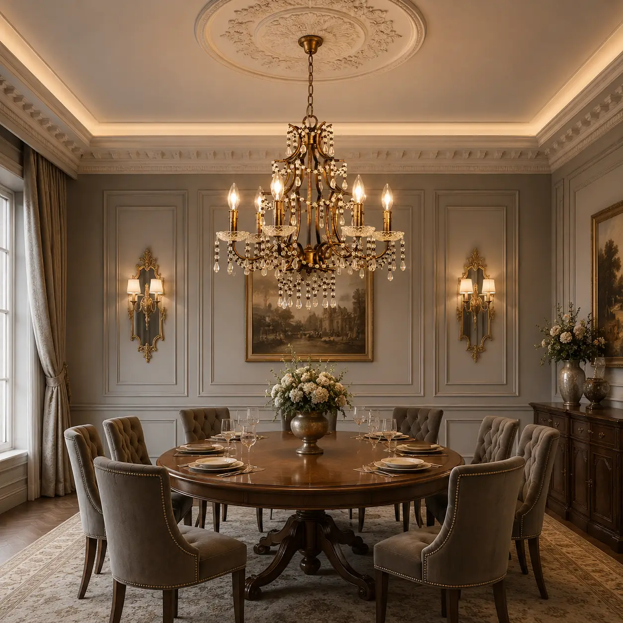 3D Render Suggestion: A formal neoclassical dining salon featuring detailed ceiling medallions, dove gray wainscoting wall panels, an oval walnut table, and custom velvet tufted chairs. Centered perfectly above the dining table is the Ardena Chandelier. The 3D render showcases the antique gold framework complementing the architectural trim, with the soft candlelight glowing through the acrylic bobeches and warm tinted crystal strands, creating an inviting atmosphere.