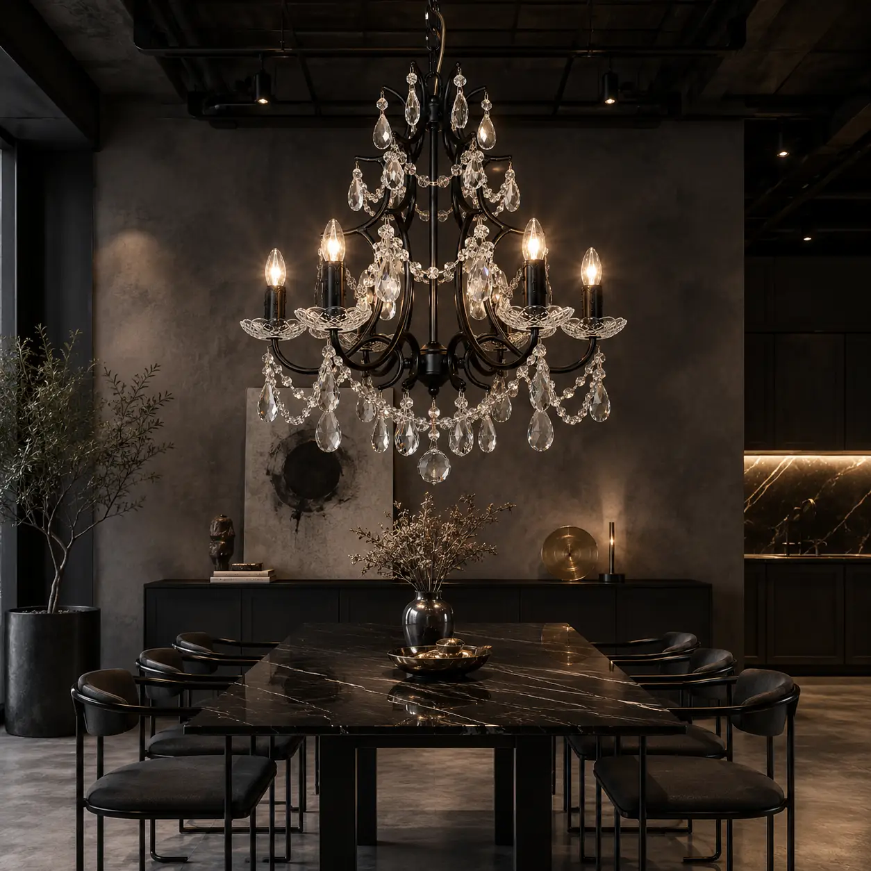 3D Render Suggestion: A sleek Modern Luxury dining room with dark charcoal micro-cement walls, an open industrial ceiling with exposed black steel conduits, and a minimalist black marble dining table surrounded by matte black metal frame chairs. Suspended directly over the table is the Avernes 6-Light Pendant. The 3D render perfectly highlights the beautiful contrast between the chandelier's sharp, matte black framework and the soft, sparkling K9 crystals, which break up the dark, monochromatic interior with dazzling glints of light.