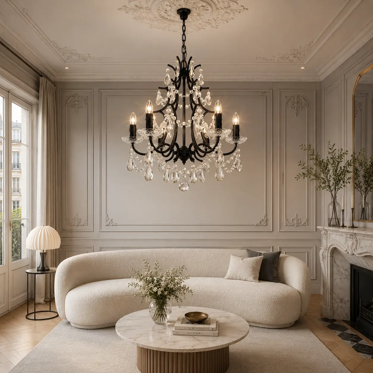 3D Render Suggestion: A modern Parisian living room featuring light warm-grey boiserie wall panels, a cream boucle sofa, and a light oak herringbone parquet floor. Hanging from the center of the ceiling plaster medallion is the Avernes 6-Light Pendant. The 3D render illustrates how the matte black outline acts as a striking contrast against the pale walls, while the classic crystal drapes perfectly match the romantic molding details of the room.