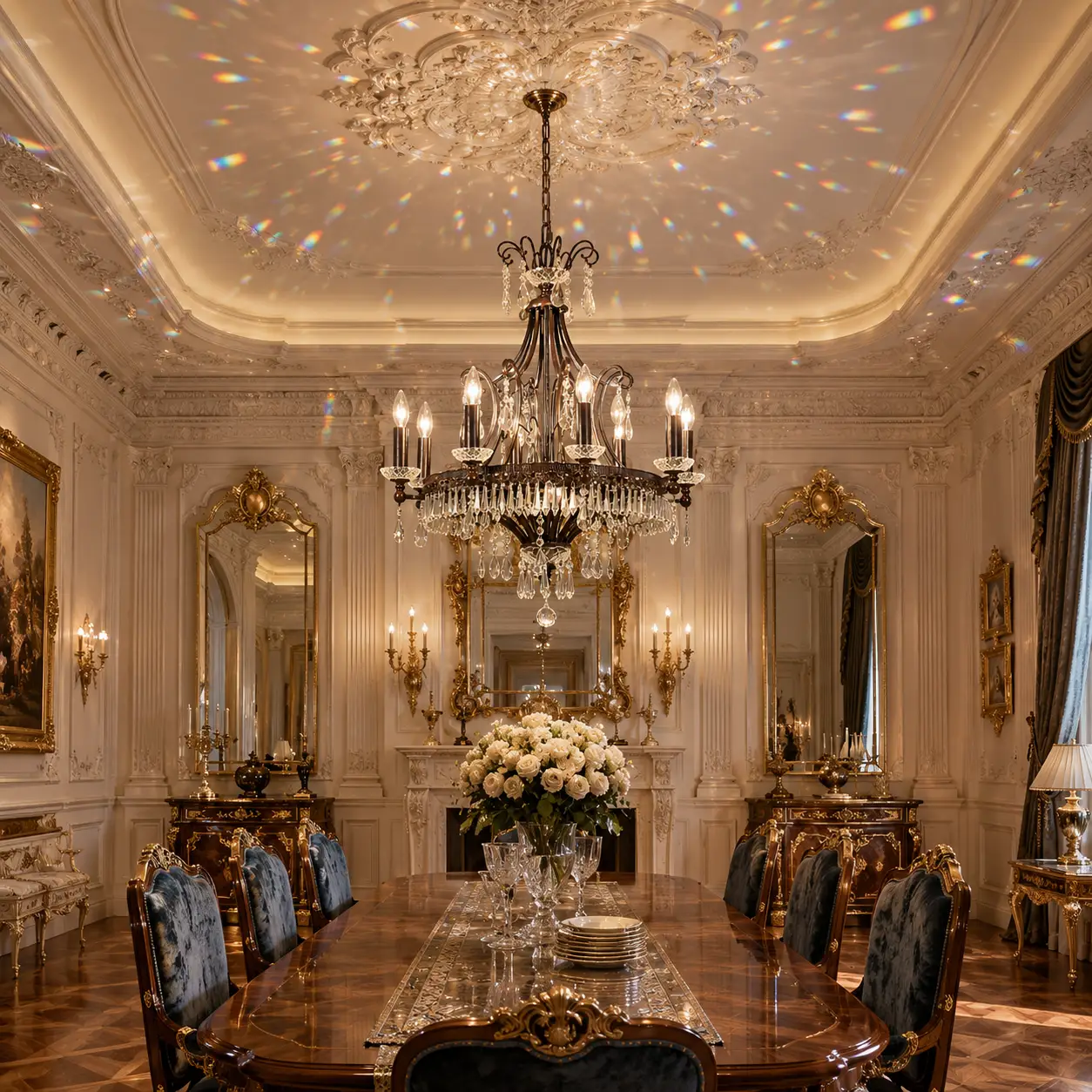 3D Render Suggestion: A luxurious formal French dining room or grand salon featuring ornate ivory-toned boiserie wall carvings, gold leaf accents, a long polished parquetry dining table, and plush velvet chairs. Hanging centered over the table is the Baroque 8-Light Crystal Chandelier. The 3D render brilliantly captures the ambient light bouncing off the intricate K9 crystals and the high-clarity acrylic bobeches, casting classical romantic prismatic fractured rainbow patterns across the delicate ceiling plasterwork.