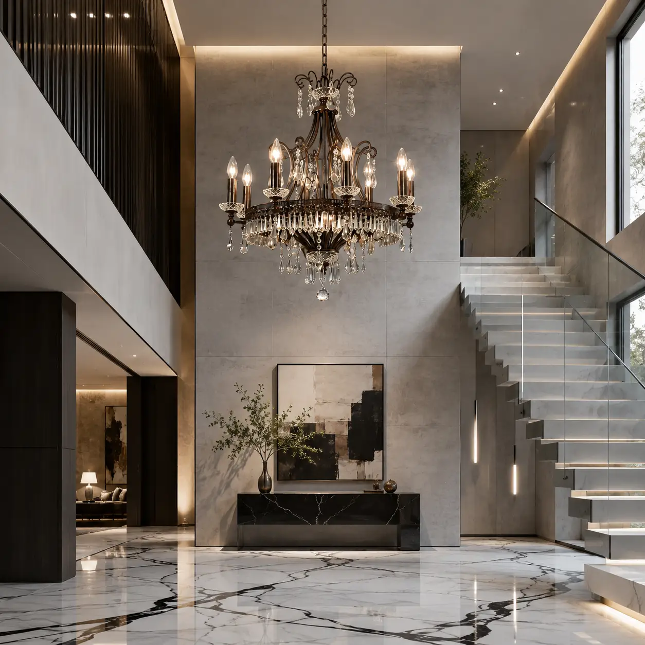 3D Render Suggestion: An ultra-modern, minimalist villa entrance hall or foyer featuring a seamless white Nero Marquina marble floor with bold black veins, smooth concrete-rendered walls, and a floating geometric glass staircase. Suspended from the high ceiling as a striking statement piece is the Baroque Crystal Chandelier. The 3D render emphasizes the dramatic design contrast: the ornate, refracting K9 crystal layers pop beautifully against the cold, clean surfaces.