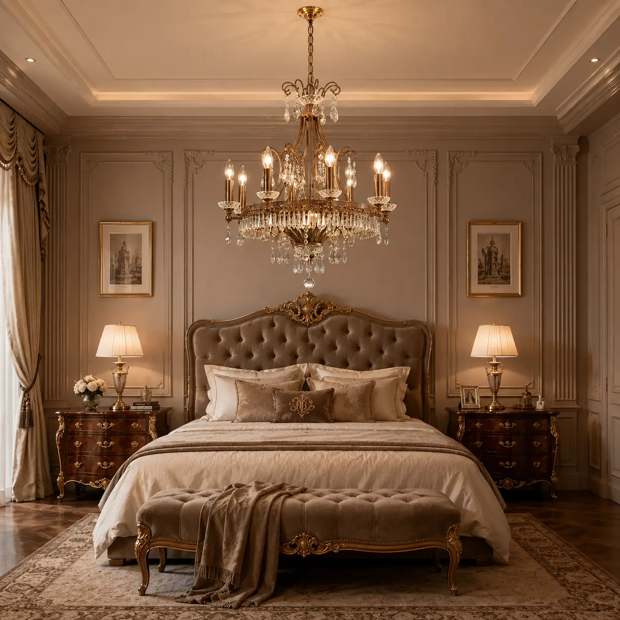 3D Render Suggestion: A sophisticated neoclassical master bedroom suite featuring symmetrical wall paneling in a warm taupe color, an oversized upholstered velvet headboard, and neutral linen textiles. Suspended over the foot of the bed is the Baroque Chandelier in a soft French gold finish. The 3D render highlights how the compact 8-light crystal layout fills the vertical space without disrupting the calming, symmetrical layout of the bedroom.