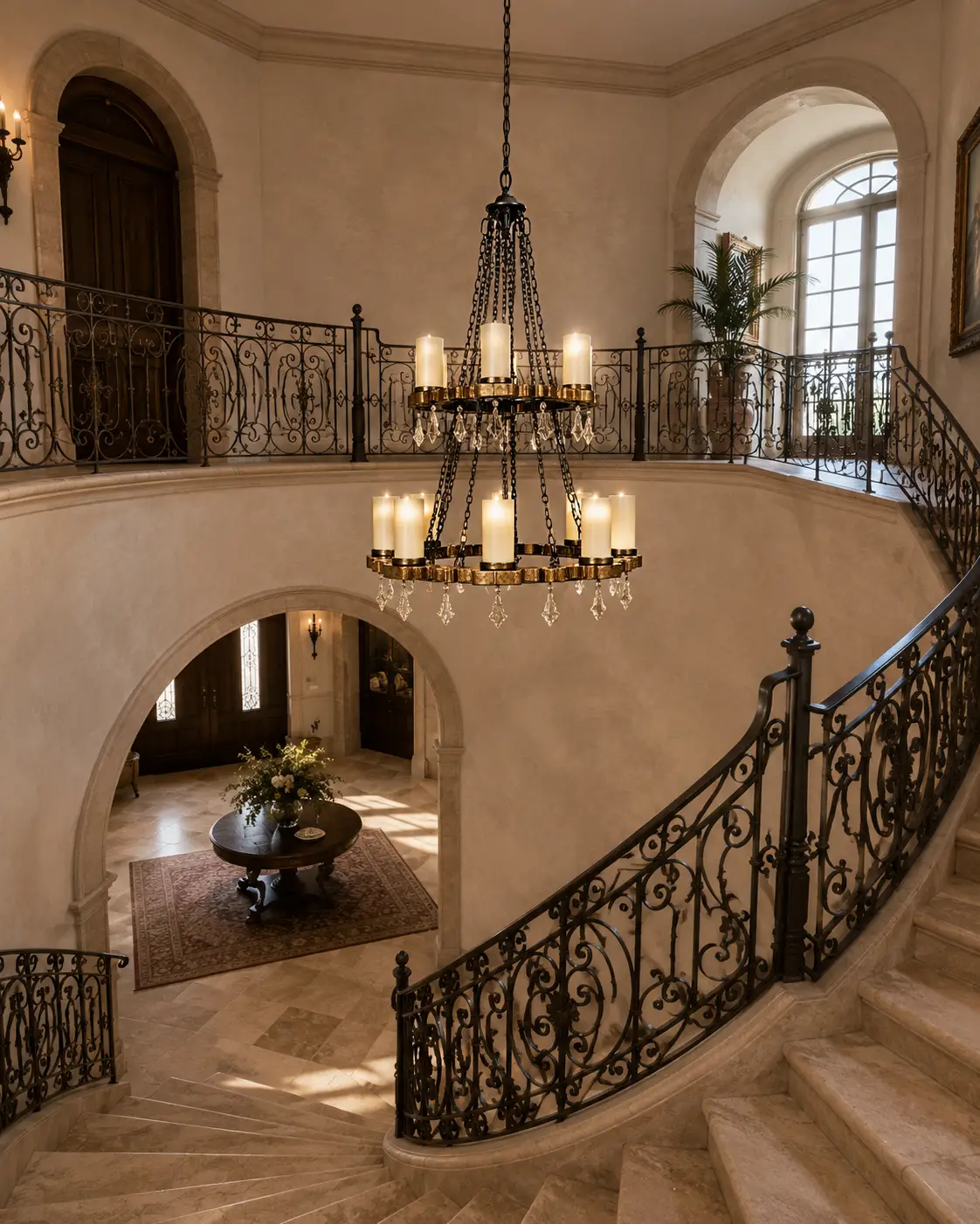 3D Render Suggestion: A formal Mediterranean or Neoclassical grand entryway featuring a sweeping curved staircase, wrought iron balustrades, limestone flooring, and arched doorways. Floating in the center of the stairwell void hangs the multi-light Bordeaux Chandelier, showcasing its double-tier grandeur from multiple vantage points as a user climbs the stairs.