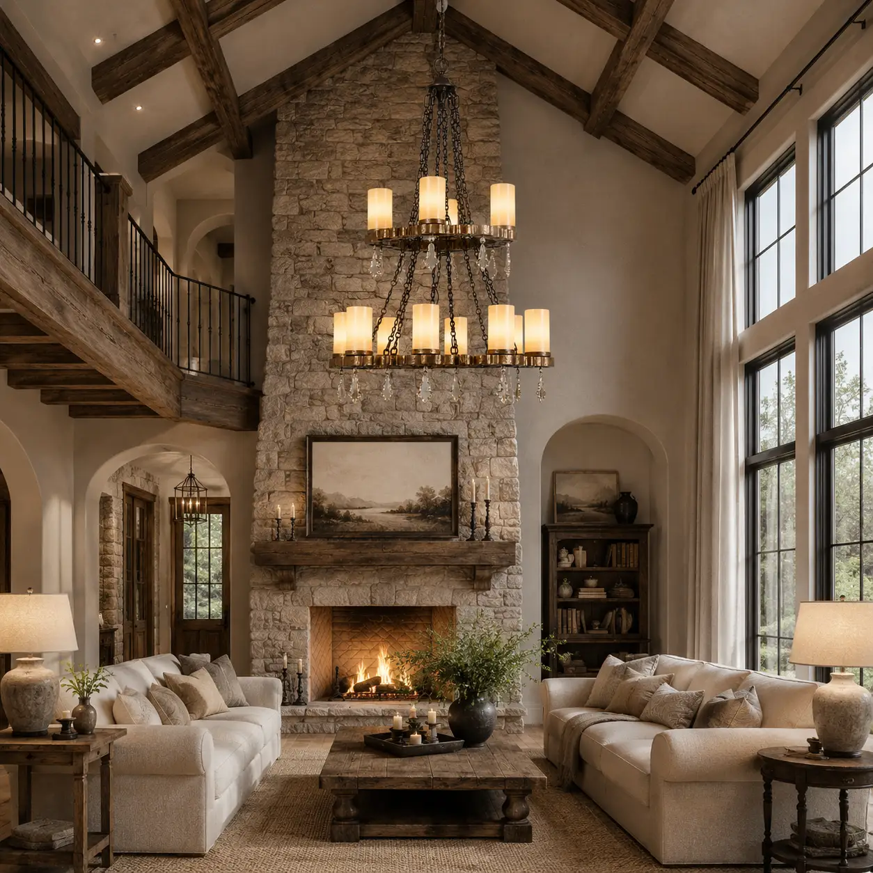 3D Render Suggestion: A grand double-height great room featuring exposed reclaimed wood ceiling beams, a massive natural stone fireplace, and light neutral linen upholstery. Suspended from the peak of the vaulted ceiling via a heavy iron chain hangs the Bordeaux 2-Tier Chandelier. The 3D render must capture how the hand-rubbed antique bronze texture grounds the airy, rustic space and echoes the organic textures of stone and timber.