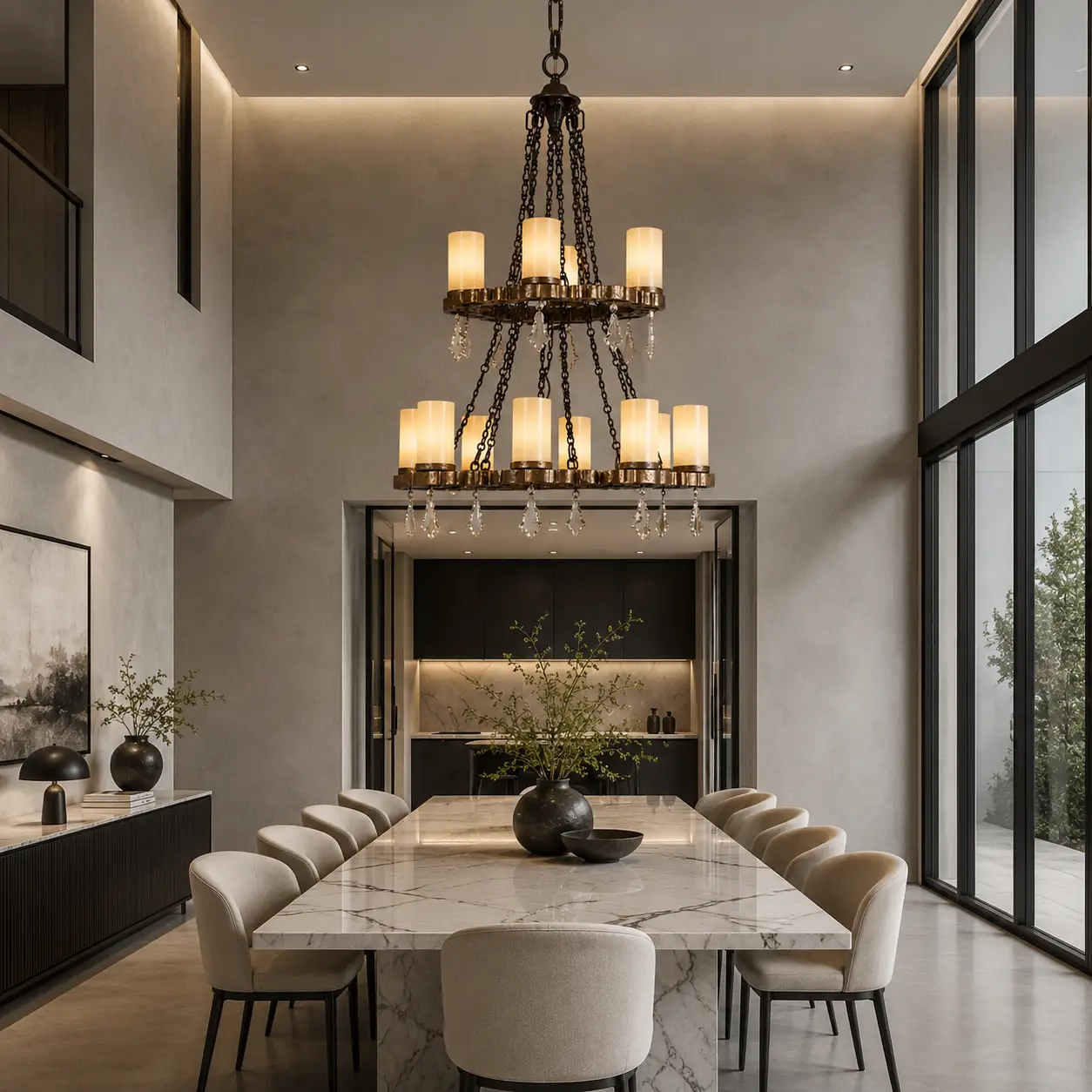 3D Render Suggestion: An expansive modern luxury dining room featuring clean micro-cement walls, a large polished white marble dining table, and minimalist black metal framed windows. Hanging above the table center is the Bordeaux Chandelier. The render captures how the black-bronze iron framework provides a crisp, graphic silhouette that breaks up the monochromatic modern lines.