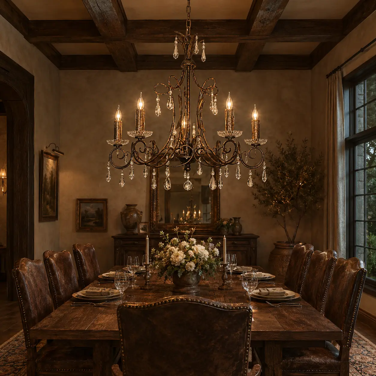 3D Render Suggestion: A rich American Vintage or upscale rustic dining room with exposed dark oak ceiling beams, a solid walnut dining table, and distressed leather dining chairs. Hanging perfectly centered over the table is the Celestia 5-Light Chandelier. The 3D render illustrates how the deep Vintage Bronze patina and detailed resin holders complement the rich wood grains, while the cascading K9 crystals introduce an elegant layer of contrast that elevates the rustic atmosphere into a luxury dining experience.