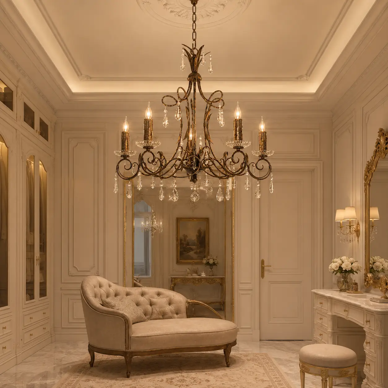 3D Render Suggestion: A sophisticated Neoclassical dressing room or master vestibule featuring soft cream walls with delicate boiserie paneling, a tufted chaise lounge, and polished marble flooring. The Celestia 5-Light Pendant is suspended from the center. The 3D render emphasizes how the chandelier’s open, curved profile cuts sharply against the pale architectural background, adding historical romance and high-contrast elegance without cluttering the upper spatial boundary.