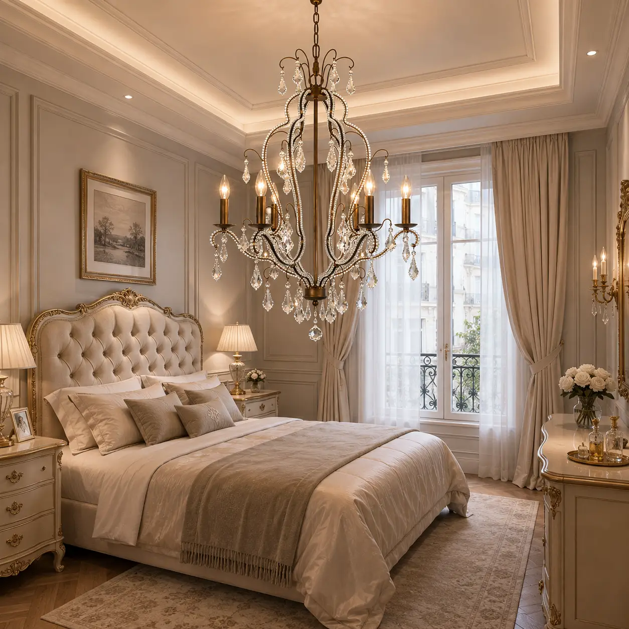 3D Render Suggestion: A romantic French Light Luxury master bedroom featuring delicate dove-grey wall moldings, chevron-patterned oak floors, a tufted silk headboard, and soft linen drapes. The Celestia Crystal Chandelier in electroplated Champagne Gold is suspended centrally overhead. The 3D render illustrates how the fixture's open, airy structure and multi-faceted K9 crystal drops interact with the room's traditional details, casting a soft, scattered glow that enhances the intimate, luxurious setting.
