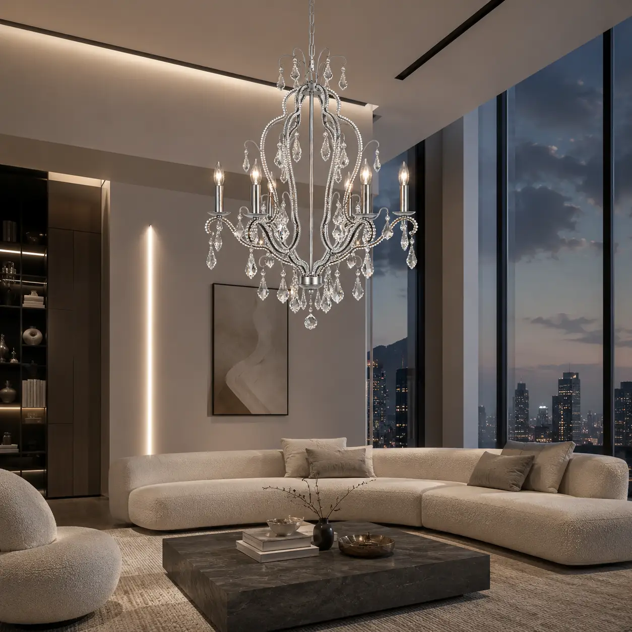 3D Render Suggestion: A contemporary Modern Luxury penthouse lounge featuring panoramic floor-to-ceiling windows, a low-profile cream boucle sectional sofa, a monolithic charcoal concrete coffee table, and soft linear architectural wall washers. Suspended centrally over the lounge area is the Celestia Crystal 6-Light Chandelier finished in a high-gloss Mirror-Polished Chrome. The 3D render captures the sharp graphic contrast: the chandelier's ultra-slender metallic limbs and shimmering K9 crystal matrices act as a fluid piece of hanging jewelry, breaking up the straight architectural geometry with organic, prismatic light reflections.