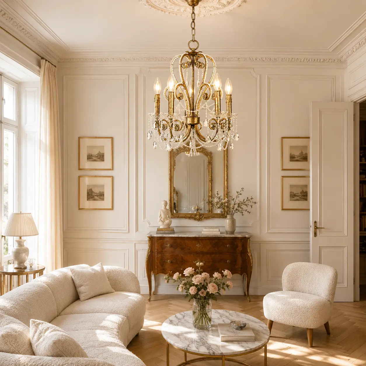 3D Render Suggestion: A refined French Luxury or Parisian chic apartment salon. The room features delicate wall panels (boiserie), herringbone white-oak floors, and a soft off-white color palette. Suspended over a plush bouclé sofa or an antique console is the Celestial Bloom Chandelier. The 3D render captures the morning light passing through the K9 crystal beads and refraction prisms, catching the soft reflection of the acrylic bobeches, proving how the chandelier enhances classical European romanticism without cluttering the spatial volume.