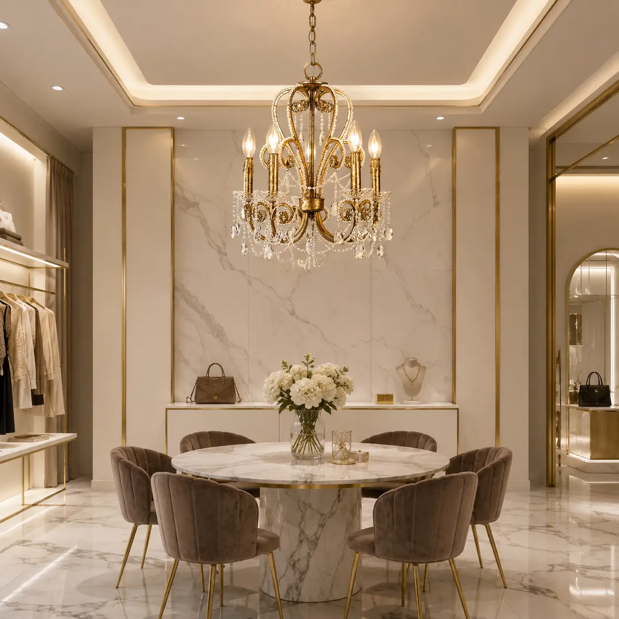 3D Render Suggestion: A contemporary luxury dinette or a high-end fashion boutique showroom with white calacatta marble floors, satin brass wall trims, and elegant velvet chairs. Hanging above is the Celestial Bloom Chandelier. The 3D rendering highlights the beautiful contrast between the clean, modern straight lines of the room and the rich, organic, blooming crystal clusters, proving the fixture's aesthetic adaptability across modern environments.