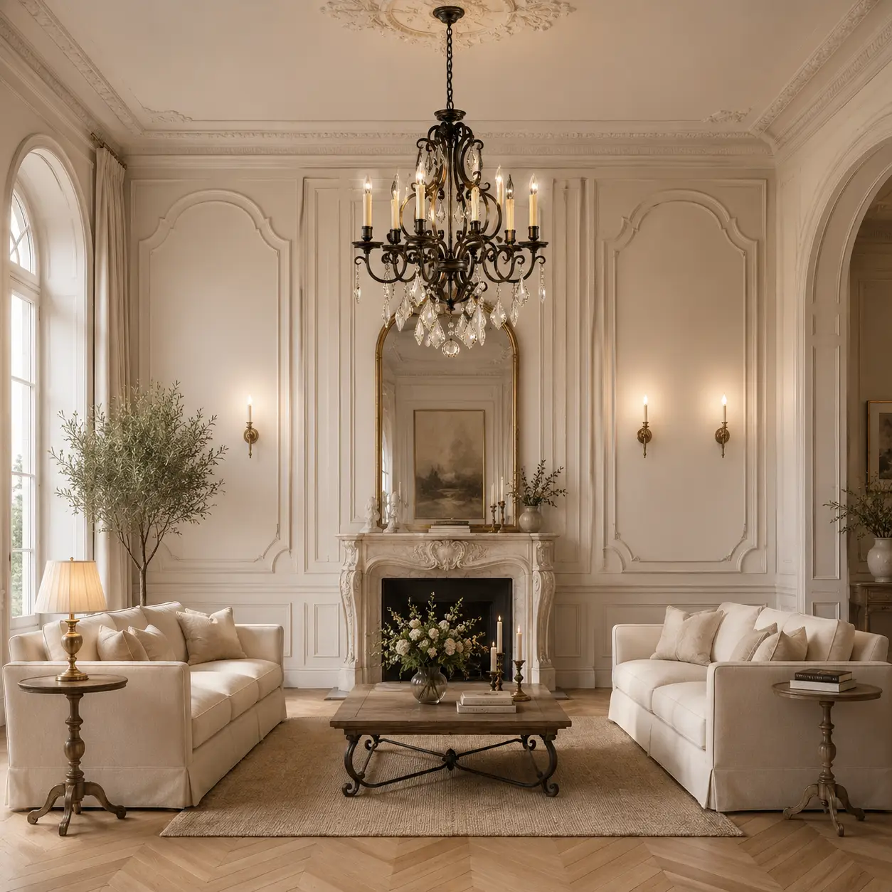 3D Render Suggestion: A refined French romantic living salon with tall ceilings adorned with delicate plaster crown moldings, chevron patterned light oak wood floors, and soft cream-colored linen sofas. Centered in the room is the Celestine Chandelier. The 3D render emphasizes how the flowing iron curves mimic the elegant lines of the wall panel molding, while the clear K9 crystal drops sparkle gently against the matte walls, introducing a touch of Parisian luxury.