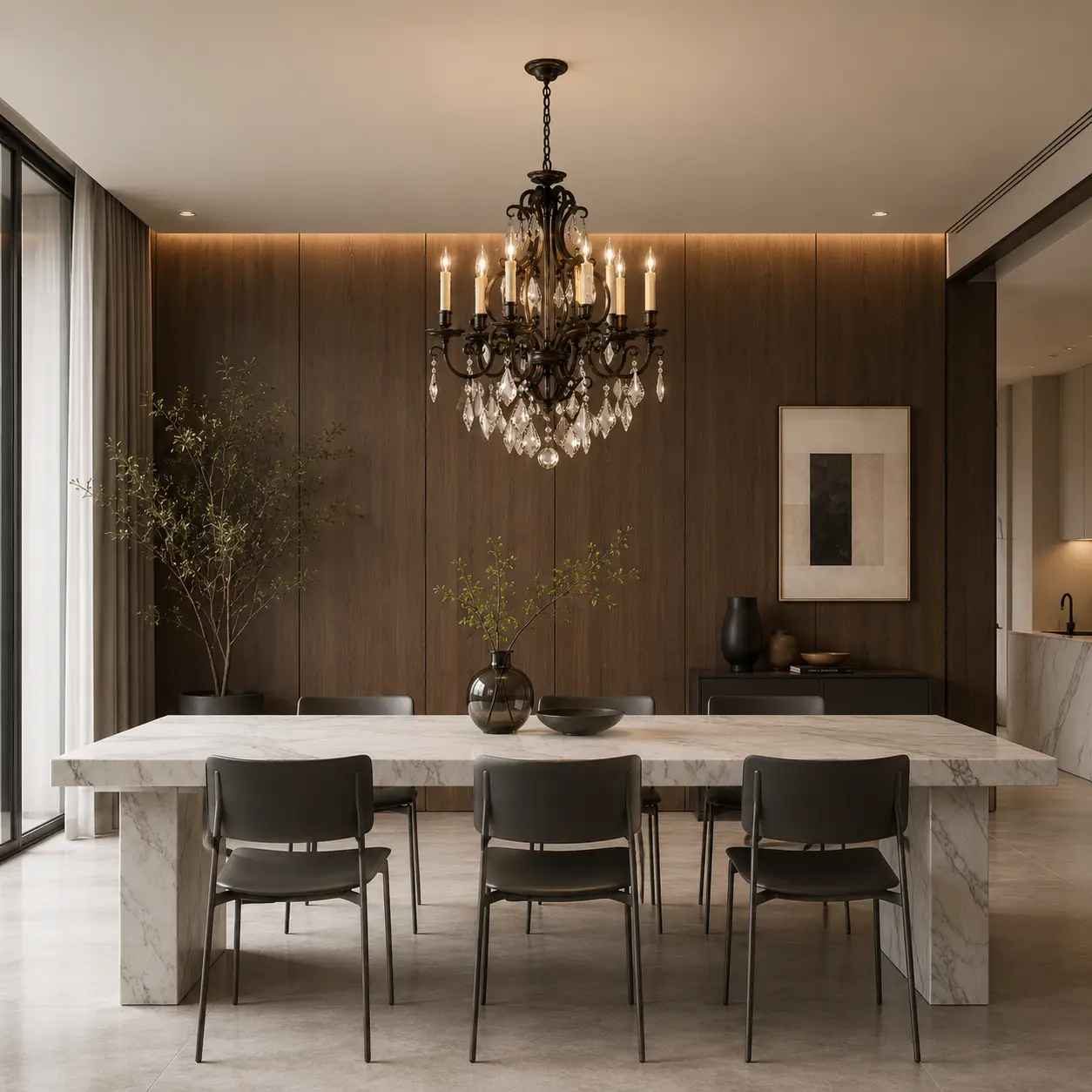 3D Render Suggestion: A sleek contemporary open dining zone with a long monolithic white Calacatta marble table, minimalist matte charcoal steel dining chairs, and a background of smooth walnut wall panels. Hanging over the table is the Celestine Chandelier. The 3D render captures how the playful, organic iron loops and floating crystal facets break up the straight lines of the room, adding warmth and sophistication without overwhelming the minimalist layout.