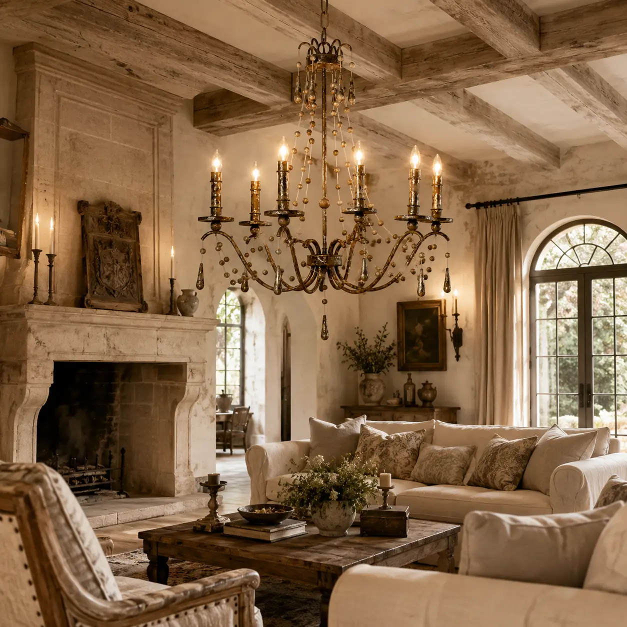 3D Render Suggestion: A grand French Country or upscale Antique Farmhouse living saloon featuring exposed lime-washed wooden ceiling beams, natural linen upholstered sofas, and warm sandstone masonry. Suspended in the center is The Chateau Beauté 6-Light Chandelier. The 3D render captures how the faux-rust distressed metallic frame matches the time-worn architectural textures, while the painted wooden beads soften the space, creating an authentic, romantic European heritage atmosphere.