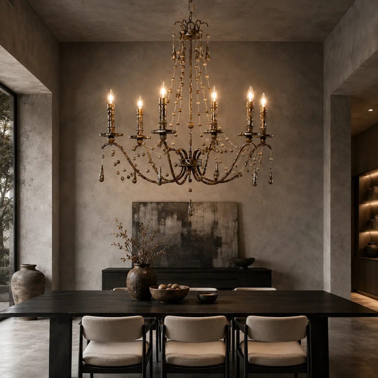 3D Render Suggestion: An elite contemporary Modern Luxury dining room with micro-cement walls, a large matte black oak table, and minimal seating. Suspended overhead is The Chateau Beauté Chandelier. The 3D render focuses on the heavy textural contrast of the distressed rusted iron scrolls and painted matte wood drops against the smooth, industrial grey concrete, demonstrating a striking cross-over aesthetic.