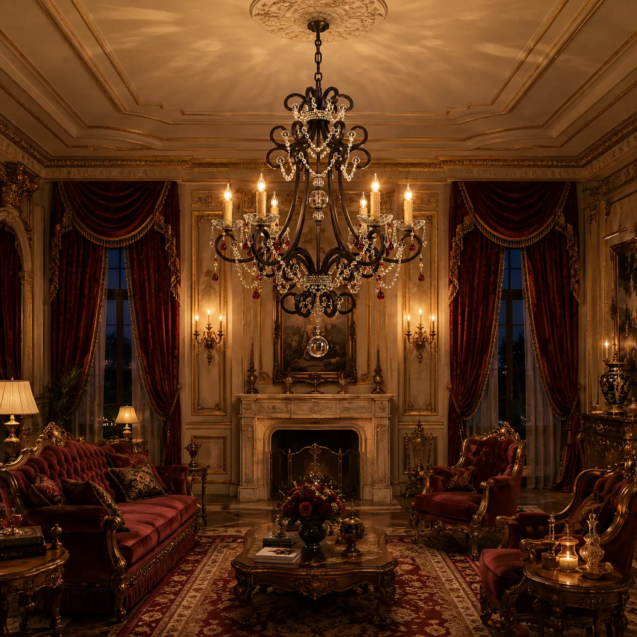 3D Render Suggestion: A grand Florentine Renaissance revival drawing room featuring deep crimson velvet drapes, warm gilded wall moldings, and an ornate limestone fireplace. Hanging precisely in the center is The Crimson Florentine 6-Light Chandelier. The 3D render captures the warm candle-light throwing crisp jewel-toned reflections across the ceiling, showcasing how the clear acrylic central globes and K9 crystal chains illuminate the traditional space while maintaining structural breathing room.