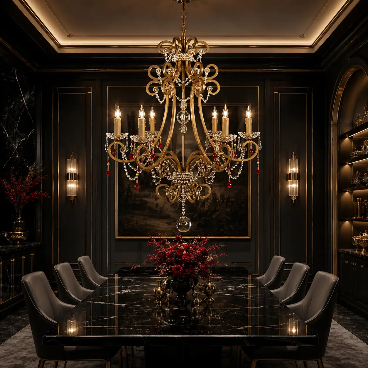 3D Render Suggestion: An ultra-premium Neo-Baroque dining room with a monolithic polished black quartz table, sleek charcoal wall panels, and contemporary minimal seating. Suspended overhead is the Crimson Florentine Chandelier in a customized deep gold-leaf and crimson-accented finish. The 3D render isolates the sharp, geometric refraction of the K9 crystal beads against the dark background, highlighting its high-end dramatic appeal.