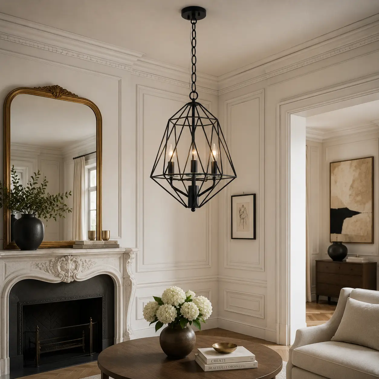 ironveil-3-light-chandelier-with-matte-black-cage-glass-accents-transitional-french-neoclassical ironveil-3-light-chandelier-with-matte-black-cage-glass-accents-transitional-french-neoclassical