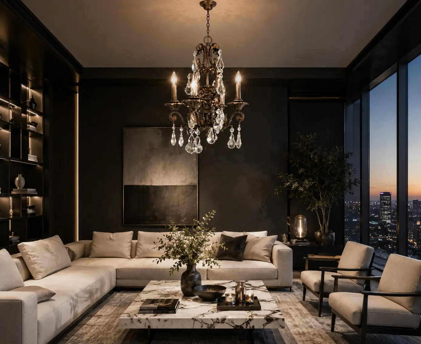 3D Render Suggestion: A modern luxury penthouse living room featuring dark charcoal walls, minimalist white linen sofas, and a low marble coffee table. Hanging overhead is the 4-Light Lucienne Chandelier. The 3D render illustrates how the botanical bronze frame breaks the rigid geometric layout of the room, while the glittering clear glass and K9 crystal details soften the dark walls, creating an inviting, layered, and high-contrast designer atmosphere.