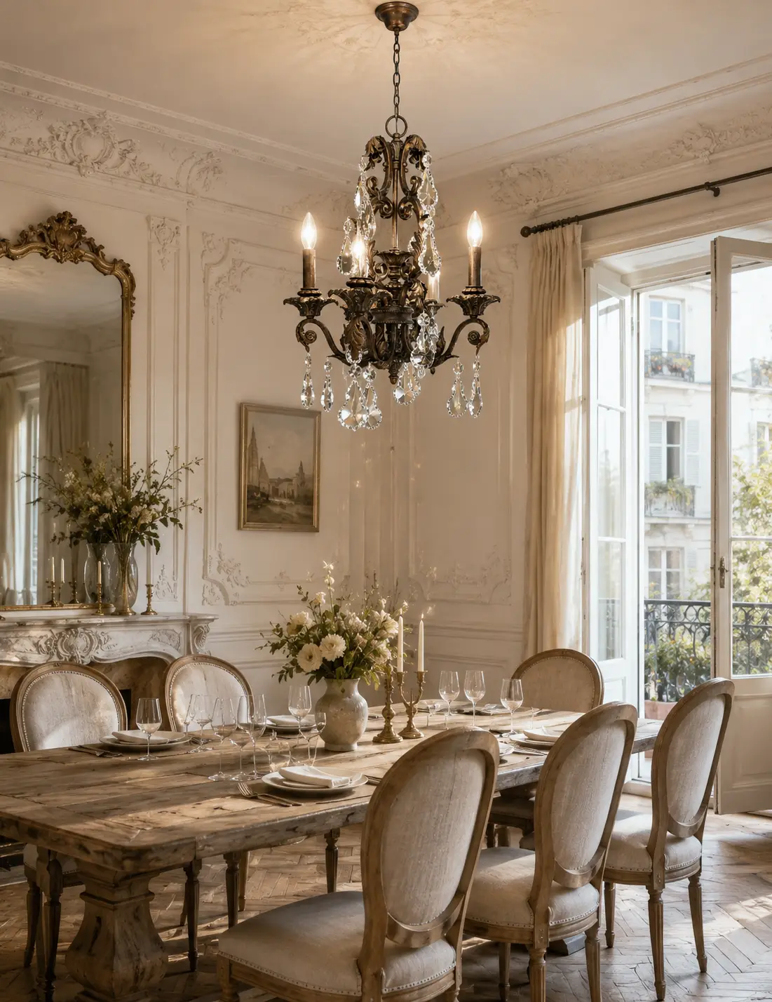 3D Render Suggestion: A classic Parisian style dining room featuring detailed ivory wall moldings, herringbone wood floors, and a distressed oak dining table surrounded by linen chairs. Suspended centrally is the 4-Light Lucienne Chandelier. The 3D render captures how the deep aged bronze patina contrasts elegantly with the soft ivory plasterwork, while the natural light from tall french doors highlights the hand-carved leaf details and coaxes rich, prismatic sparkles out of the K9 crystal swags.