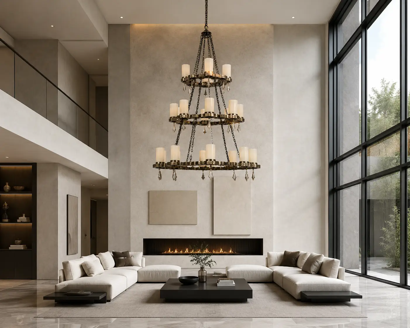 3D Render Suggestion: An expansive contemporary luxury salon featuring smooth micro-cement walls, minimalist matte black window mullions, polished light-gray marble floors, and ultra-modern linear seating. Suspended as a curated, high-contrast focal piece is the Montreux 3-Tier Chandelier. The render highlights the graphic silhouette of the iron scrolls acting as linear art against the stark, clean minimalist planes.