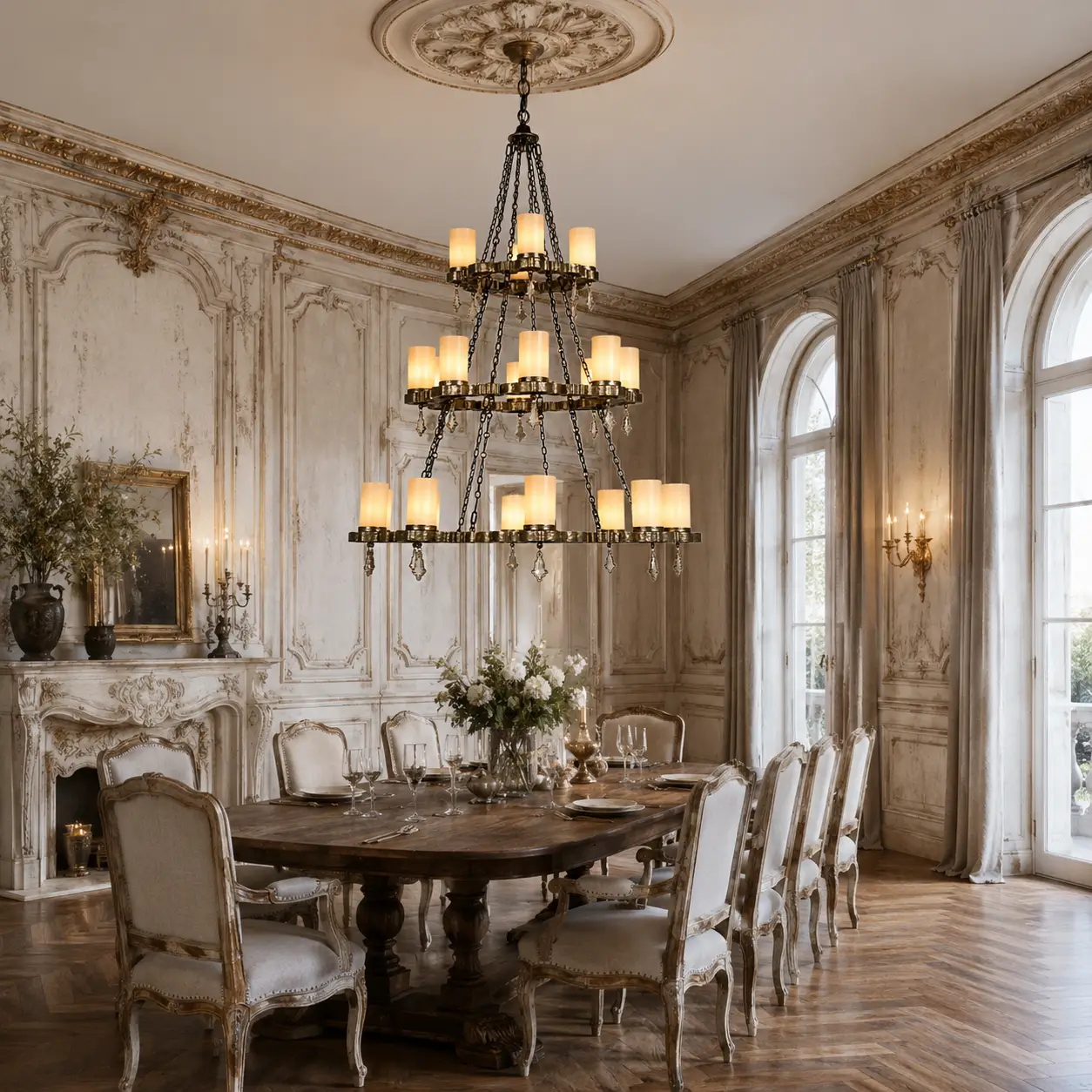 3D Render Suggestion: A grand French chateau dining room featuring distressed white boiserie wall paneling, elegant herringbone oak floors, refined gold-leaf crown moldings, and tall arched windows dressed in linen. Suspended from a decorative ceiling medallion hangs the Montreux 3-Tier Chandelier. The 3D render highlights how the intricate bronze scrollwork echoes the sophisticated curves of the wall panels, while the rich patina texture softens the light wall tones, projecting authentic Parisian luxury.