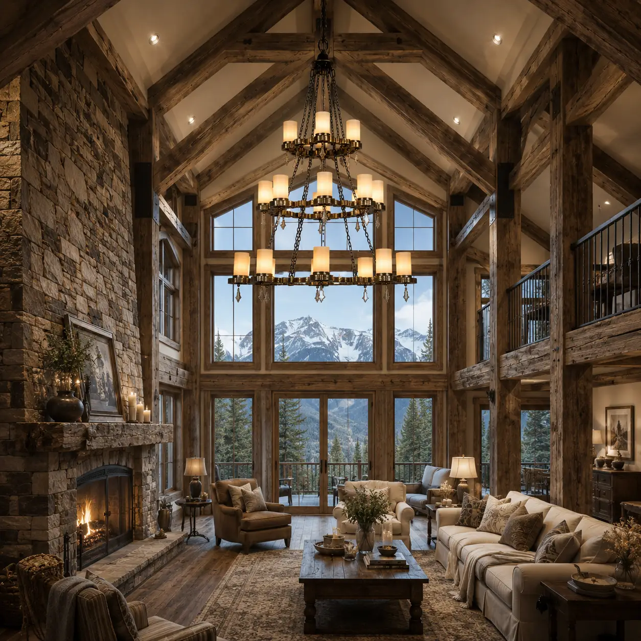 3D Render Suggestion: A double-height rustic American great room with a floor-to-ceiling split-stone fireplace, exposed distressed structural wood beams, and large mountain-view windows. Suspended from the highest ridge of the vaulted ceiling via a thick iron chain is the Montreux Chandelier. The render emphasizes how the multi-layered iron rings anchor the massive overhead void and echo the deep organic tones of the wood and stone.
