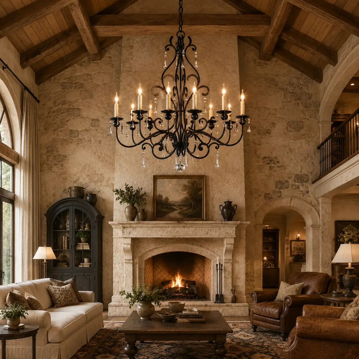 3D Render Suggestion: A grand high-ceiling American vintage living room or French country estate hall with exposed natural oak ceiling beams, a massive limestone fireplace, and rustic stone-textured plaster walls. Centered in the vast air volume is the Tuscan Forge 8-Light Iron Chandelier. The 3D render captures the rich contrast between the dark hand-forged iron frame, the organic details of the custom resin dripping candle holders, and the shimmering K9 crystals that catch the amber fireplace glow.