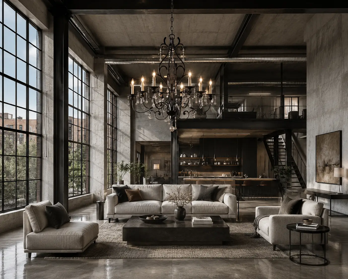 3D Render Suggestion: A contemporary open-concept industrial loft with polished concrete floors, massive black steel factory-style windows, and sleek modern furniture. Hanging as an eclectic statement piece above the seating group is the Tuscan Forge Chandelier. The 3D render highlights the striking visual clash: the raw iron of the fixture matches the modern industrial window frames, while the brilliant K9 crystals instantly elevate the raw space into a high-end luxury residential environment.