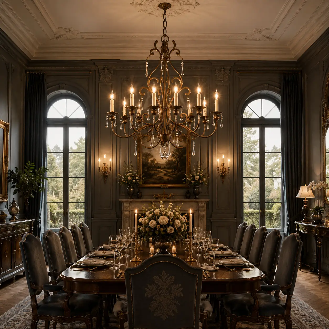 3D Render Suggestion: A formal neoclassical dining room with symmetrical arched windows, deep grey boiserie wall moldings, a long mahogany table set for ten, and luxurious velvet drapes. Suspended over the center of the table is the Tuscan Forge Chandelier. The 3D render illustrates how a custom antiqued-gold or bronze leaf variation of this iron fixture bridges the gap between heavy structural ironwork and elegant, formal interior millwork.