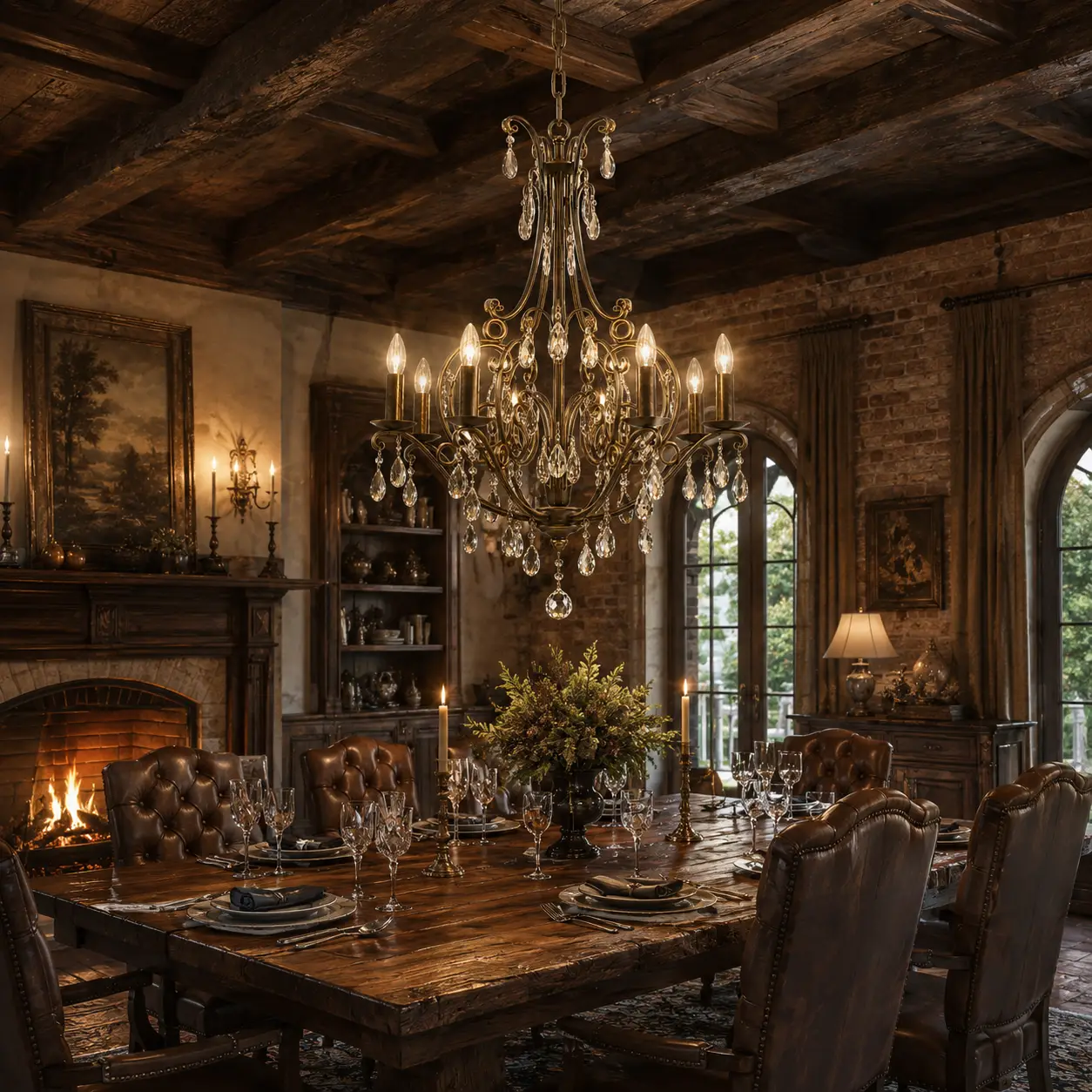 3D Render Suggestion: A grand American Vintage estate dining room featuring exposed dark oak ceiling beams, distressed brick accent walls, and a massive solid walnut dining table surrounded by tufted leather chairs. Suspended centrally over the table is the Valencia 8-Light Chandelier in Vintage Bronze. The 3D render perfectly demonstrates how the chandelier's hand-hammered dark metal arms blend seamlessly into the rustic timber architecture, while the premium K9 crystal garlands catch the ambient fireplace glow, introducing a critical layer of refined luxury into an otherwise rugged environment.