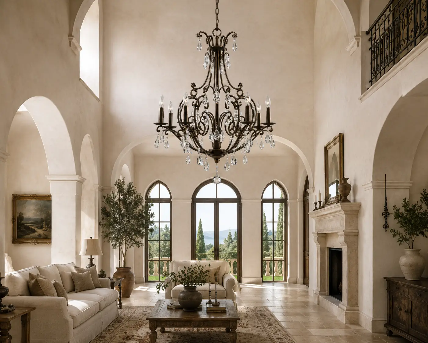 3D Render Suggestion: A Mediterranean Neoclassical villa living room featuring soaring 14-foot ceilings, light cream Venetian plaster walls, elegant arched windows, and soft travertine stone tile flooring. The Valencia 8-Light Chandelier is suspended as the definitive crown piece. The 3D render masterfully illustrates the contrast between the dark, ornate bronze scrollwork and the pale, airy walls, showcasing how the crystal drapes capture the natural light pouring through the arches.