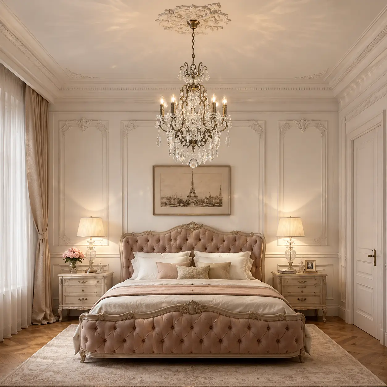 3D Render Suggestion: A romantic Parisian Chic master bedroom featuring crisp white ornamental wall moldings, herringbone parquet flooring, and a luxury velvet tufted bed in soft blush or taupe. Suspended centered above the bed is the Valenza 5-Light Vintage Chandelier. The 3D render perfectly demonstrates how the 5-light compact silhouette anchors the room's central axis beautifully without crowding standard 2.8-meter ceiling clearances, casting romantic, multi-directional light reflections across the refined wall plasterwork.