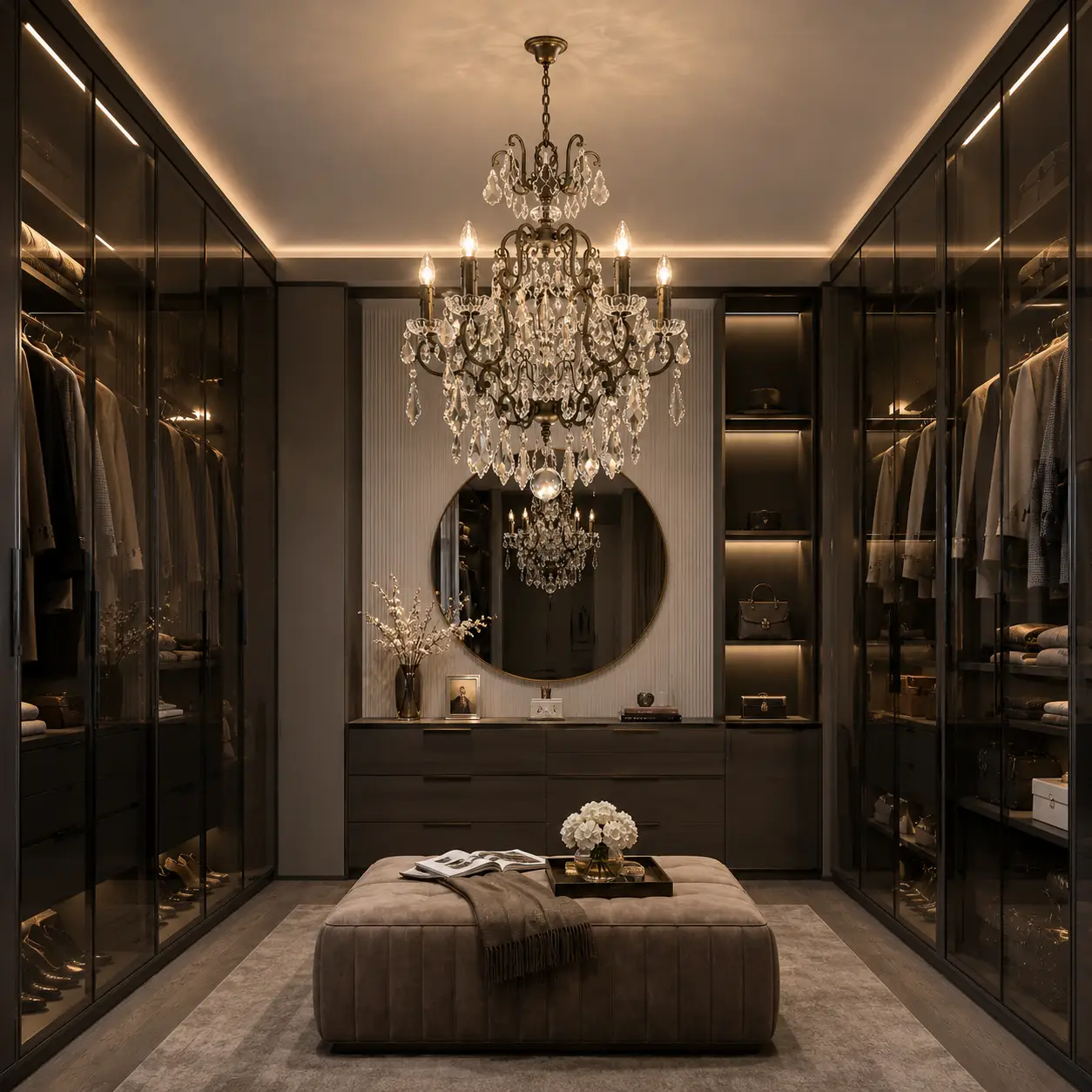 3D Render Suggestion: A modern minimalist high-end walk-in closet with clean charcoal glass wardrobe doors, integrated LED strip lighting, and a central plush ottoman. Hanging overhead is the Valenza 5-Light Chandelier. The render shows the stunning stylistic harmony achieved when the traditional crystal shapes and customized hardware finish reflect off the smooth, dark contemporary textures.