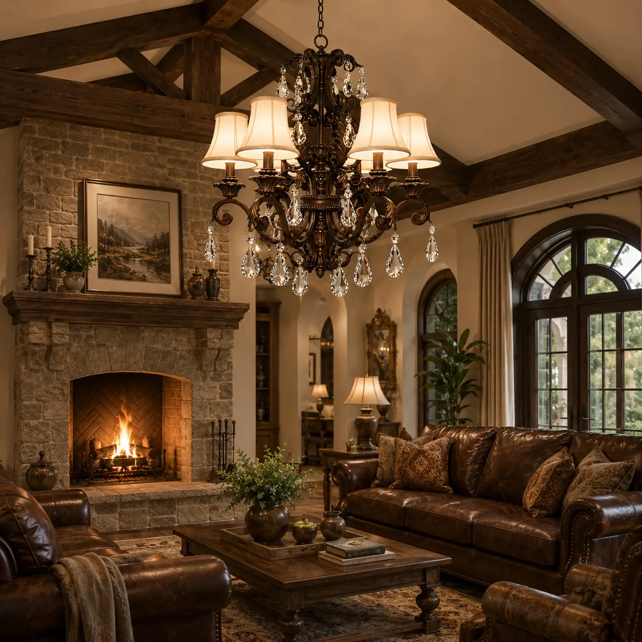 3D Render Suggestion: A warm American transitional living room with exposed dark wood ceiling trusses, a rustic stone fireplace mantel, and deep leather rolled-arm sofas. The Vintage 6-Light Chandelier hangs as the central overhead fixture. The 3D render shows the antique bronze frame blending into the earthy color palette, while the crisp K9 crystal pendaloques catch the firelight to add a high-end layer of contrast.