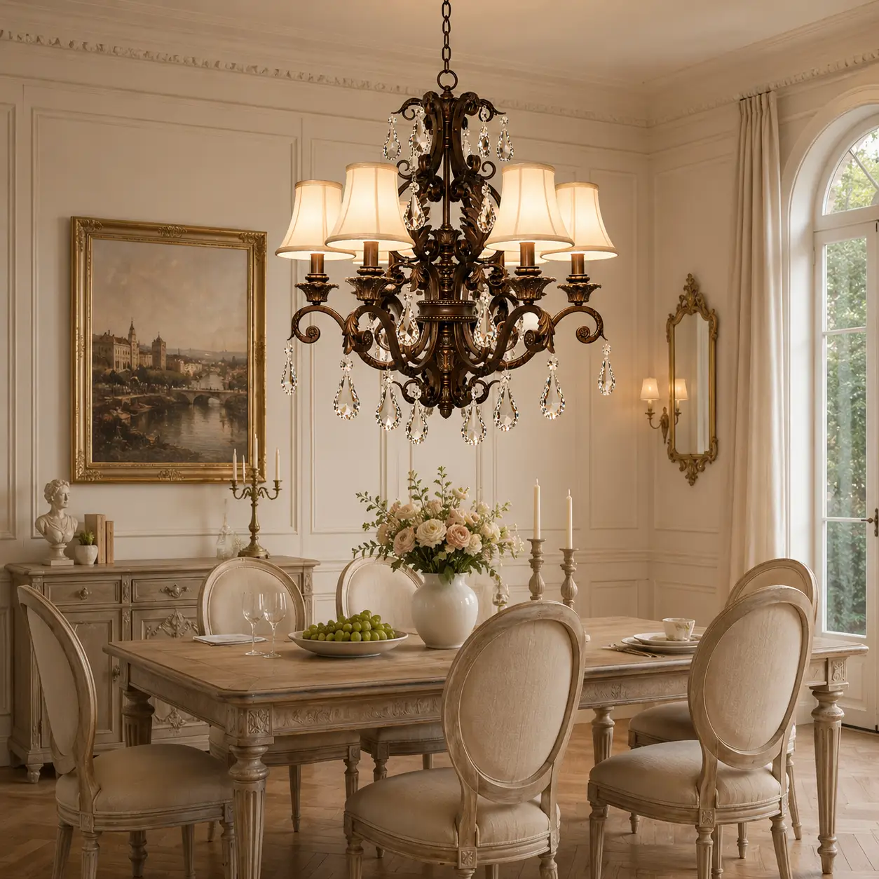 3D Render Suggestion: A romantic French transitional dining room with soft off-white boiserie wall paneling, herringbone parquetry flooring, and a whitewashed solid oak dining table surrounded by linen-upholstered chairs. Hanging centered above the table is the Vintage 6-Light Chandelier. The 3D render captures how the warm light filtering through the silk shades echoes the creamy wall textures, while the K9 crystals add a delicate sparkle that complements the classical interior.