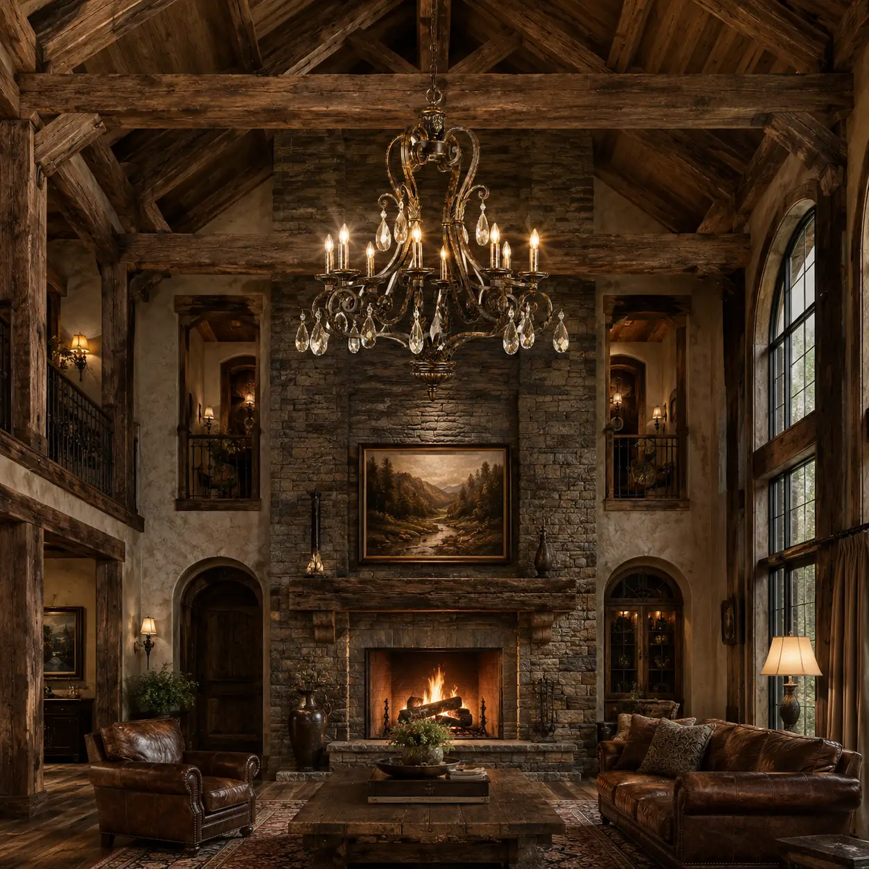 3D Render Suggestion: A grand American vintage or Tuscan-style great room with towering double-height ceilings, rough-sawn exposed wooden trusses, a massive floor-to-ceiling natural stone fireplace, and distressed leather seating. Hanging majestically in the center of the vertical air volume is the Vittoria 8-Light Chandelier. The 3D render highlights the rich, dark Antique Rustic Bronze frame blending with the timber tones, while the premium K9 crystal drops catch the warm ambient firelight, casting sharp, dancing prisms against the rugged stone surfaces.