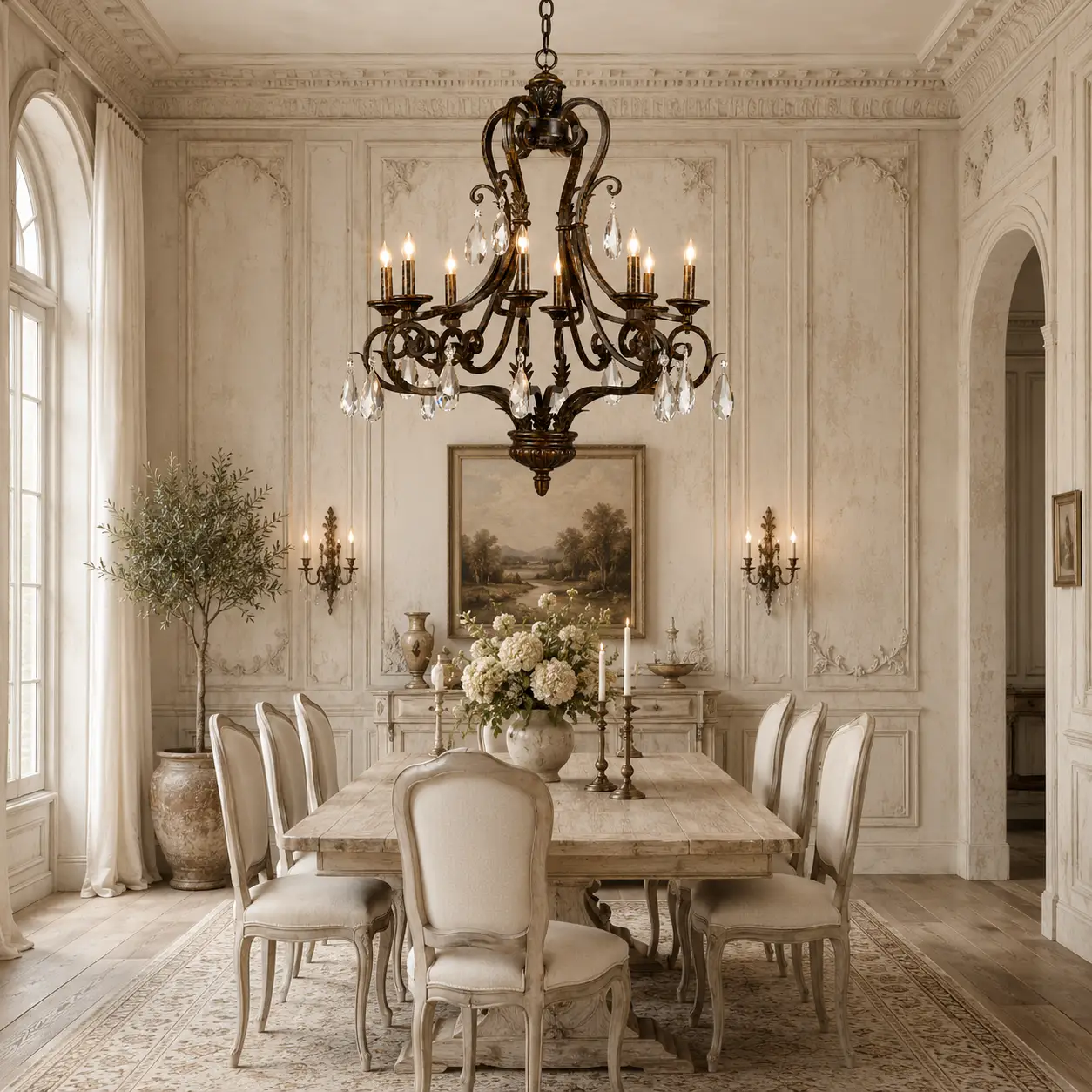 3D Render Suggestion: A tall, elegant French Country dining room featuring intricate distressed off-white plaster wall panels, a white-washed oak dining table, and cream linen chairs. Centered above the table is the Vittoria 8-Light Chandelier. The 3D render captures the sharp graphic silhouette of the dark bronze frame cutting through the soft monochrome background, with the sparkling K9 crystal drops adding a layer of sophisticated palace-grade glamour.